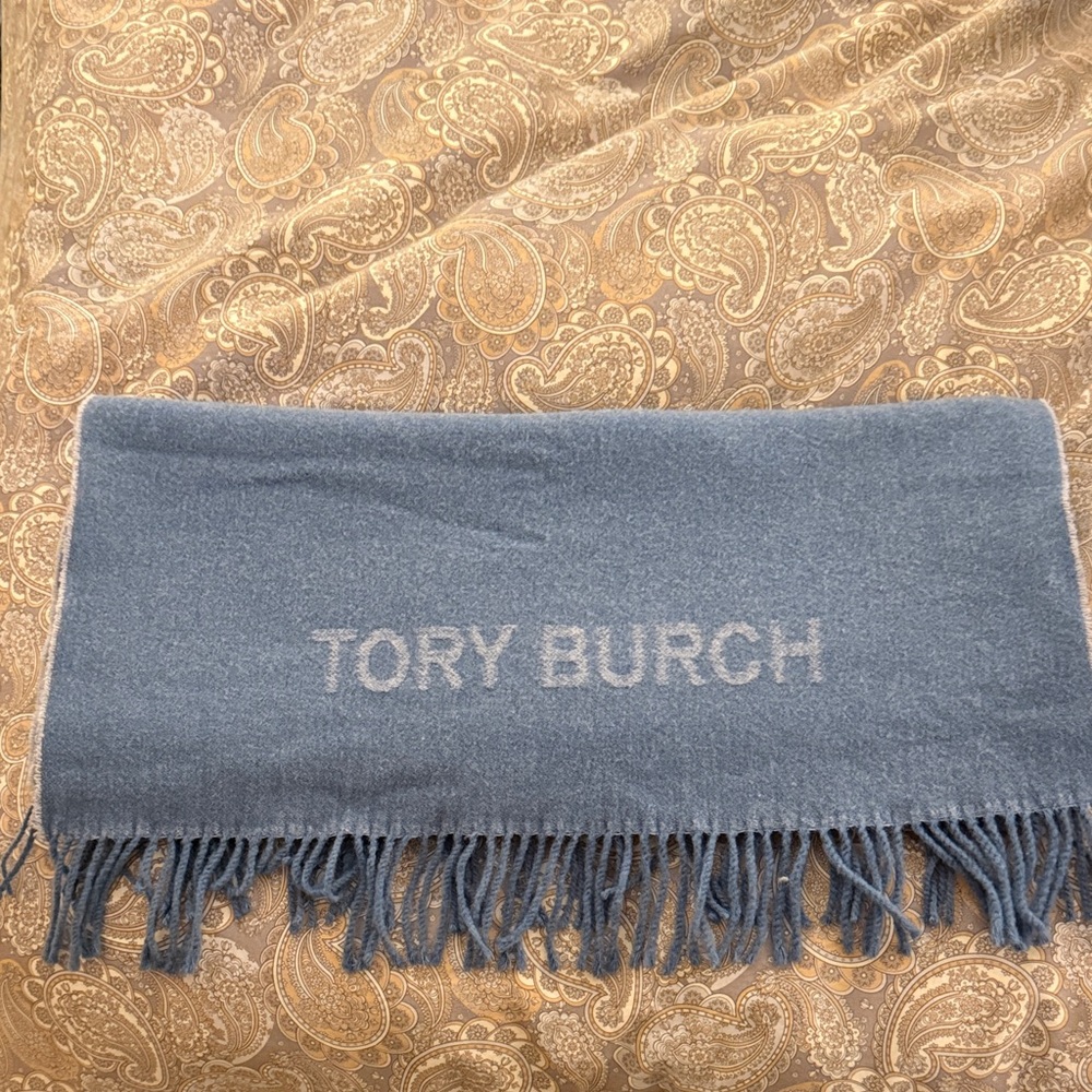 Tory Burch Wool Blue Fringe Scarf